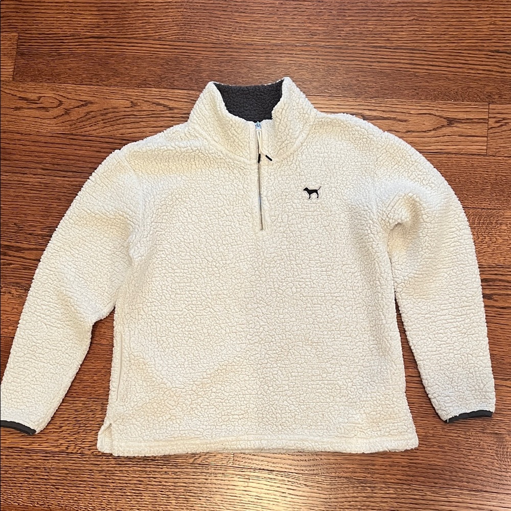 PINK Victoria's Secret Cream and Dark Grey Women Sherpa Pullover
